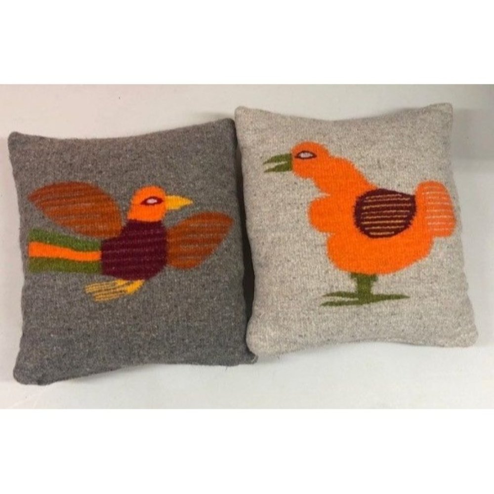 2‎ Vintage Woven Wool Bird Pillows with Velvet Backs